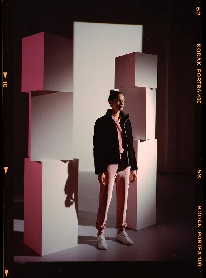 Armani — a figure in a pink set, on film